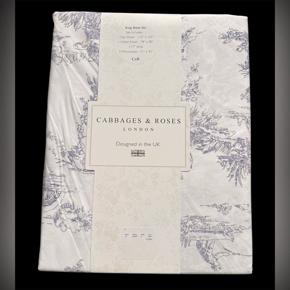 Cabbages & Roses King Sheet 4Pc Set Blue White Country Toile Cottage Coquette